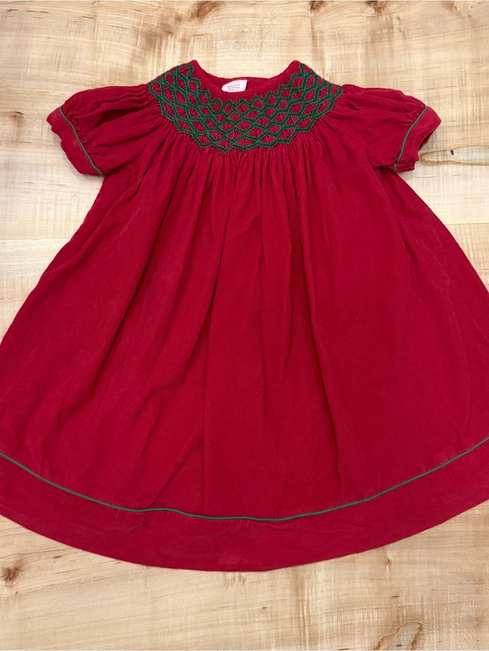 Royal Child Red Corduroy Smocked Dress 9M Green Embroidery Holiday Christmas